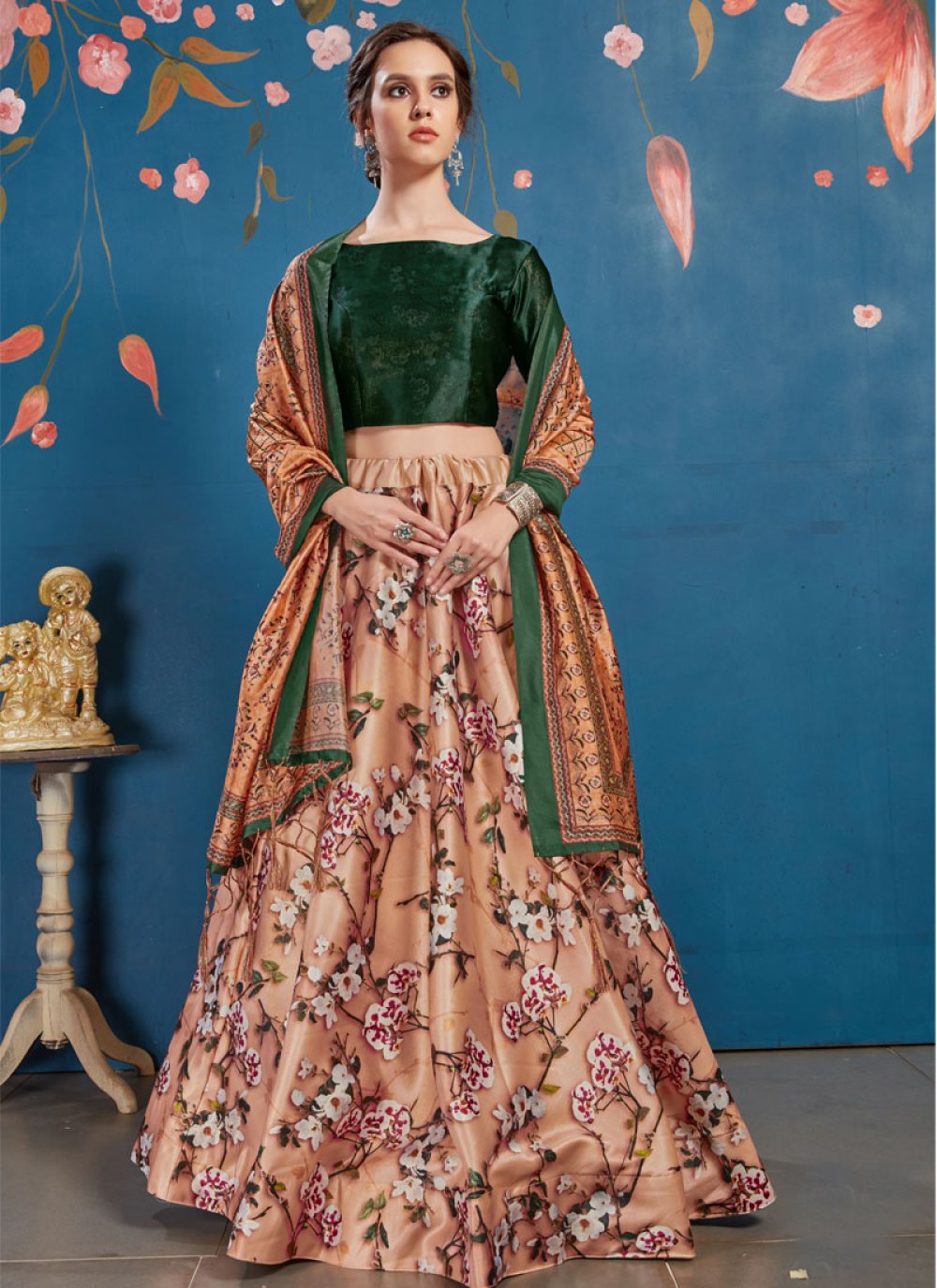 Indian online Shop for Aqua Blue & Peach & Green & Grey & Purple & Sky Blue  & Royal Blue & Chiku Color Embroidery Lehenga at Wholesale Price - Kloth  Trend