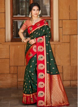 Bottle Green and Red Silk Blend Woven Work Classic Saree for Women