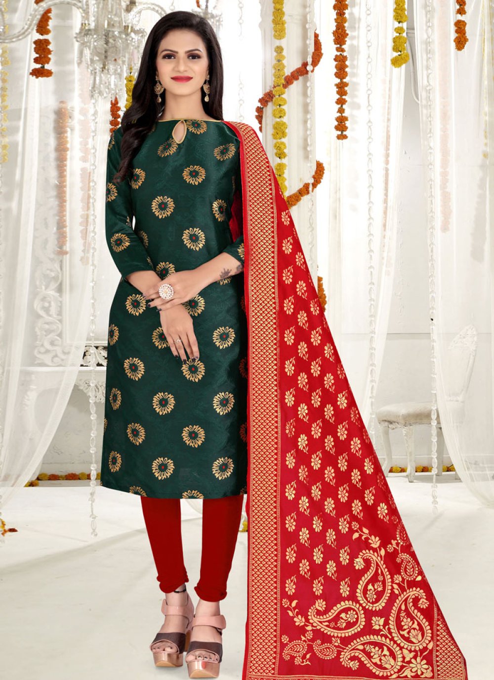 Bottle Green and Red Trendy Churidar Salwar Suit