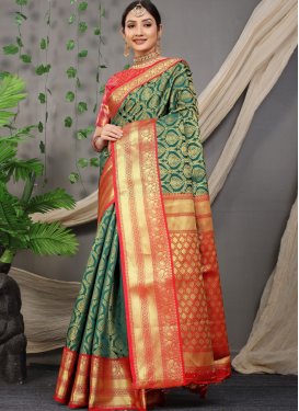 Bottle Green and Red Woven Work Designer Traditional Saree