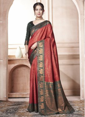 Bottle Green and Red Woven Work Trendy Classic Saree