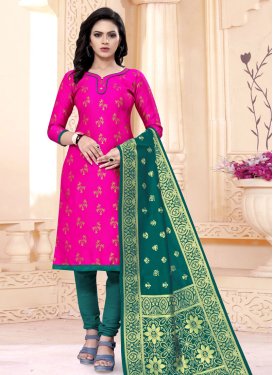 Bottle Green and Rose Pink Woven Work Art Silk Trendy Churidar Salwar Suit