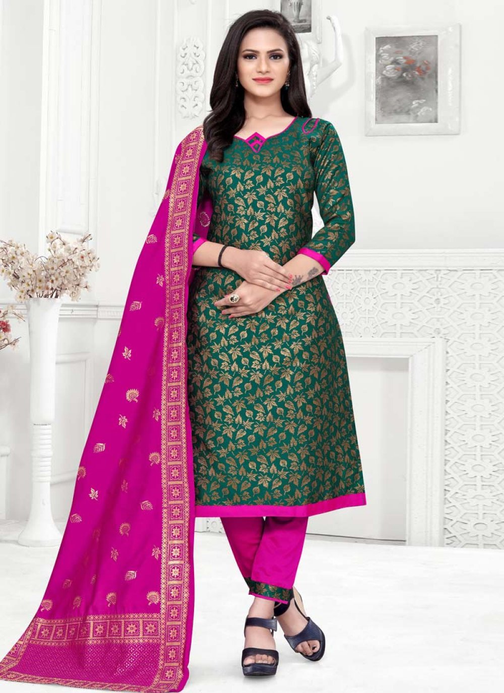 Bottle Green and Rose Pink Woven Work Pant Style Classic Salwar Suit
