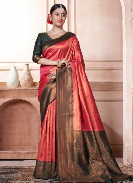 Bottle Green and Salmon Woven Work Traditional Designer Saree