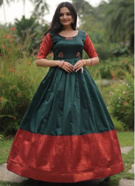Bottle Green and Tomato Banarasi Silk Embroidered Work Readymade Floor Length Gown