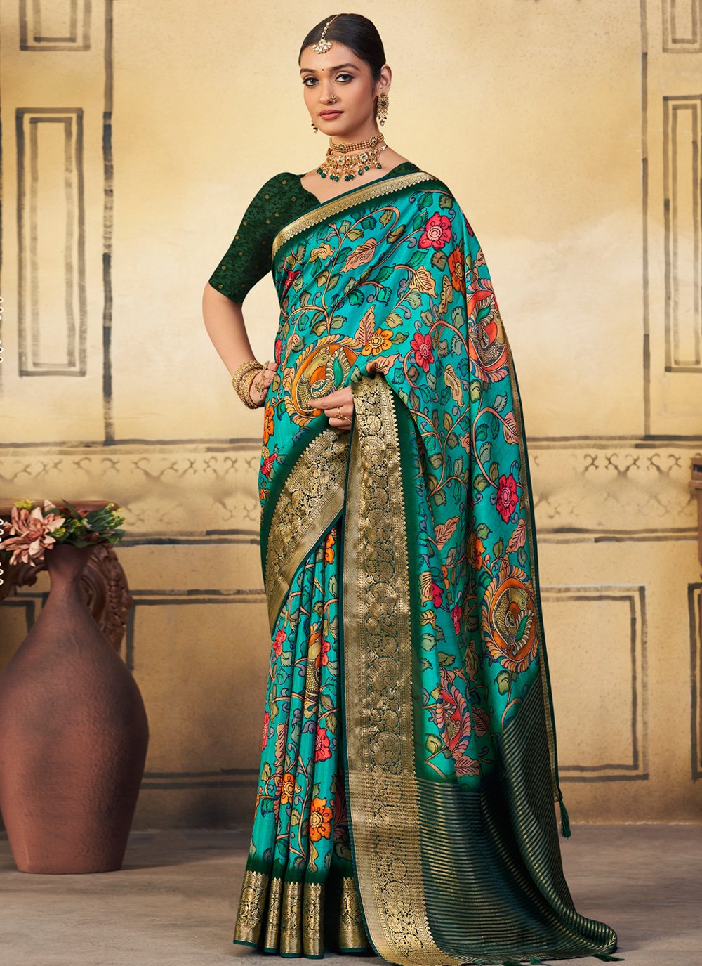 Bottle Green and Turquoise Print Work Designer Contemporary Style Saree