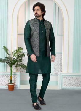 Bottle Green Art Silk Kurta Pajama With Jacket with Woven Work for Party