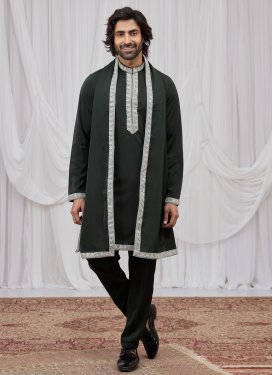 Bottle Green Fancy Fabric Kurta Pajama With Jacket with Cutdana Work for Festival