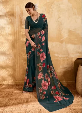Bottle Green Georgette Digital Print Work Classic Saree for Women