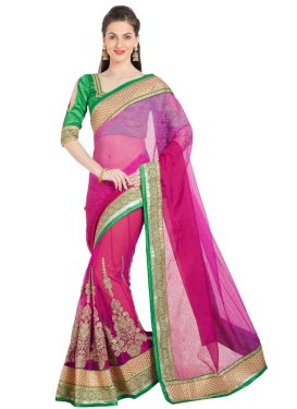 Brasso Green and Rose Pink Embroidered Work Classic Saree