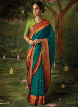 Brasso Olive and Teal Contemporary Style Saree For Ceremonial