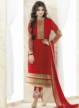 Breathtaking Red Color Resham Work Ayesha Takia Pant Style Party Wear Suit
