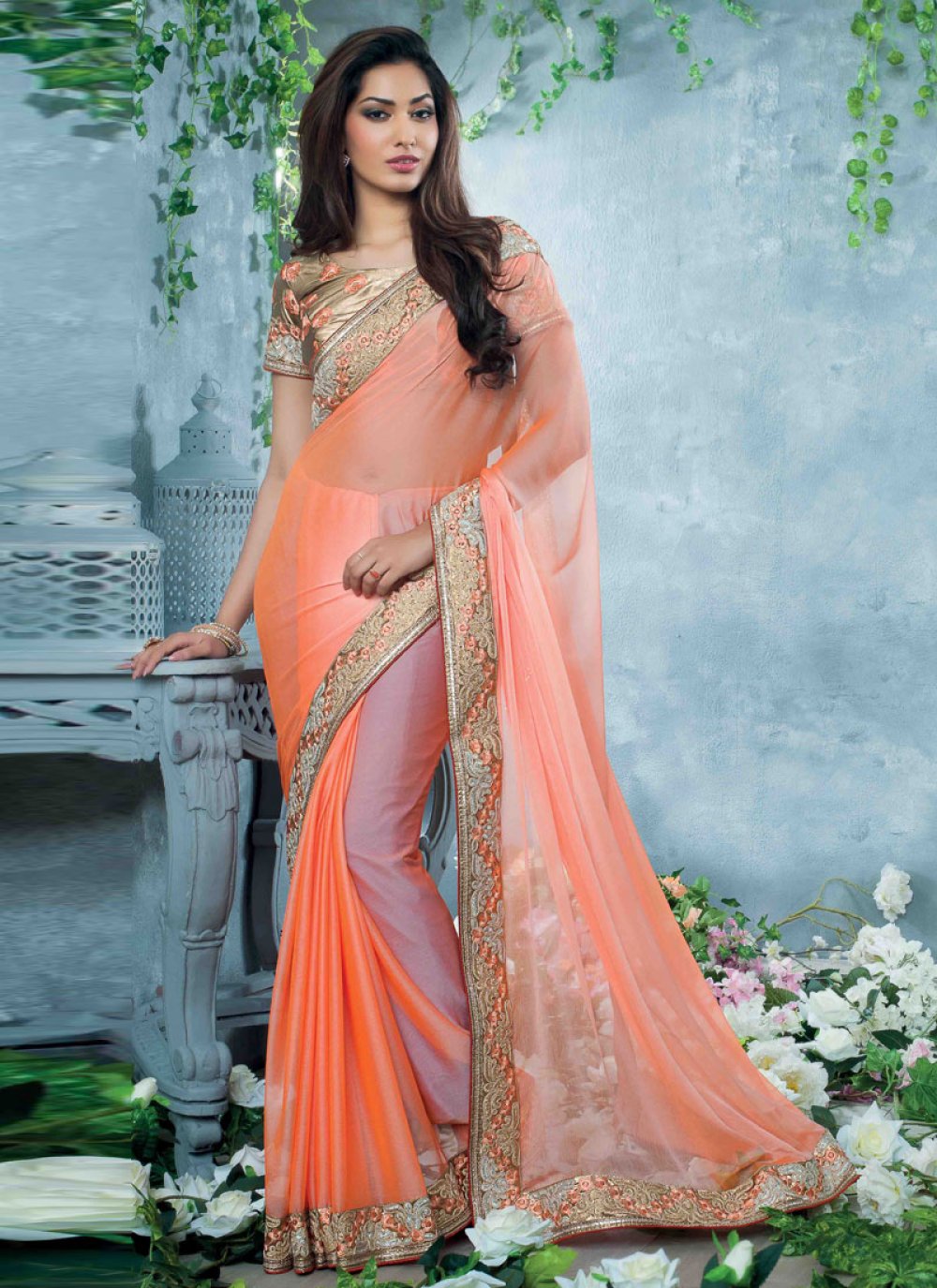 Heavy Thread Embroidery Work Peach Colour Crepe Partywear Saree - KSM  PRINTS - 4212761