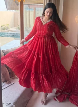 Brocade Anarkali Suit with Resham Work in Red