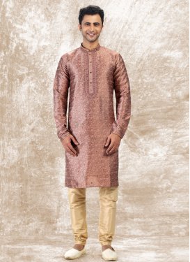 Brocade Kurta Pajama with Digital Print Work for Men in Cream and Salmon