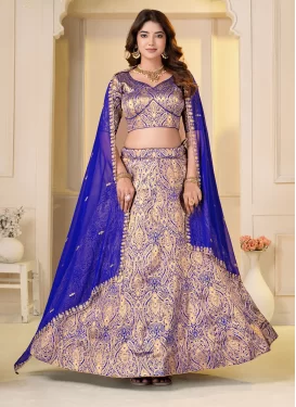 Brocade Trendy Lehenga Choli in Blue with Embroidered Work for Women