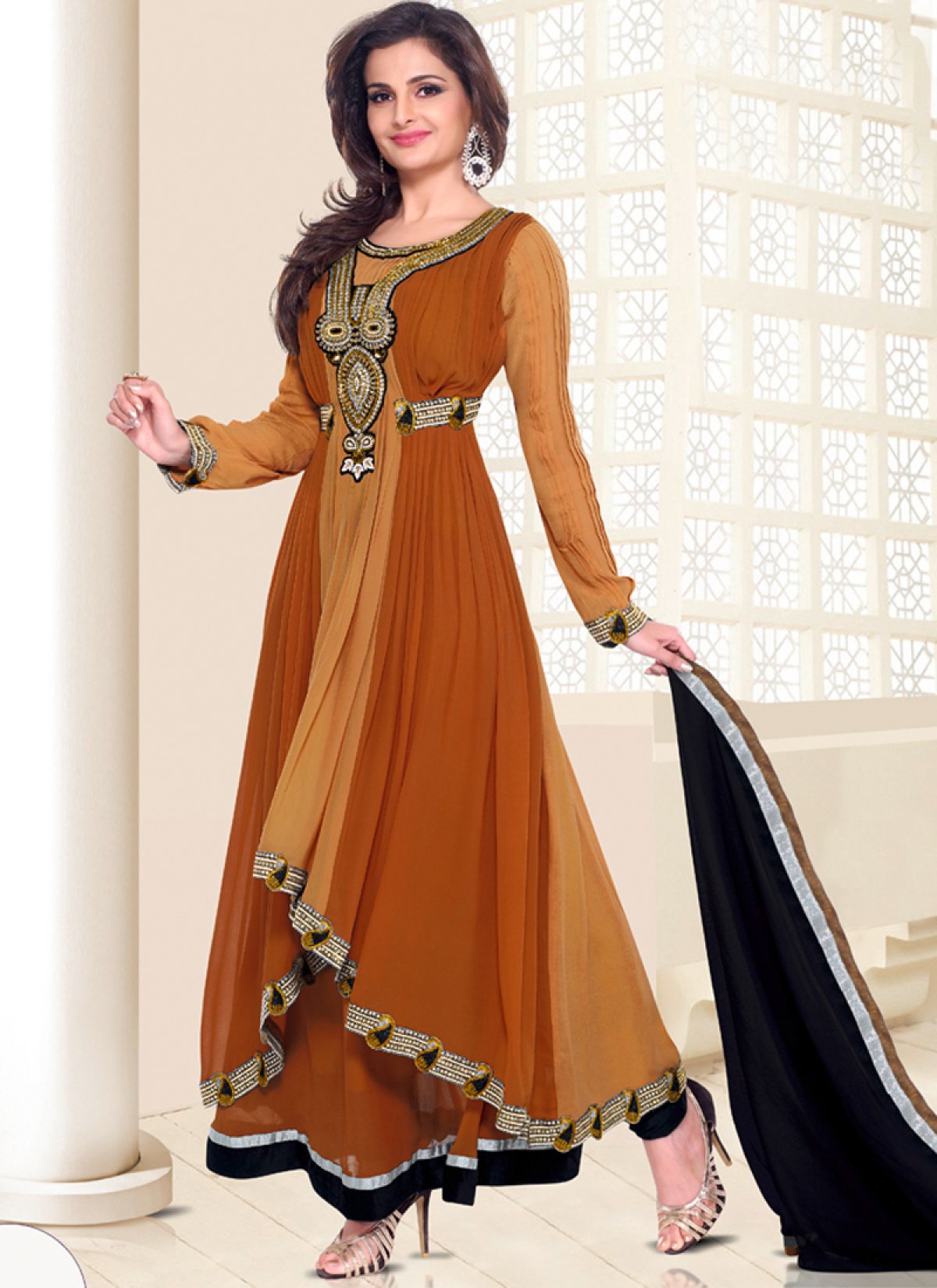 Brown And Beige Color Asymmetrical Monica Bedi Anarkali Suit