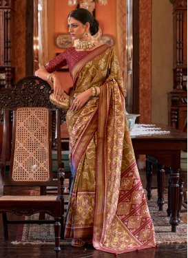 Brown and Crimson Tussar Silk Designer Traditional Saree For Festival