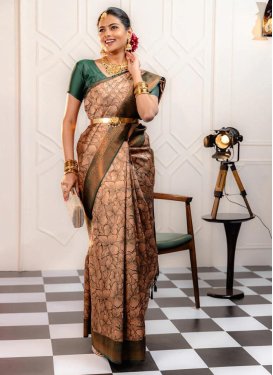 Brown and Green Print Work Designer Contemporary Style Saree
