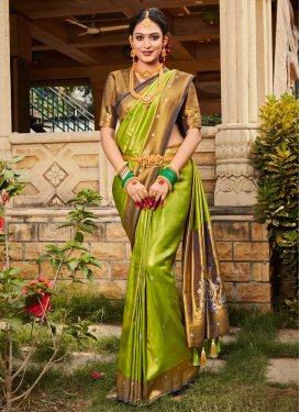 Brown and Mint Green Woven Work Designer Traditional Saree