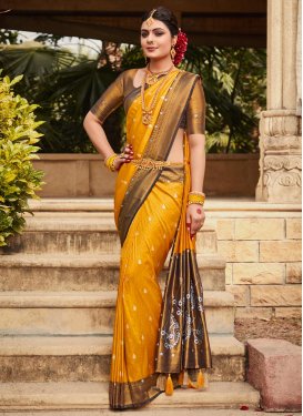 Brown and Mustard Woven Work Traditional Designer Saree