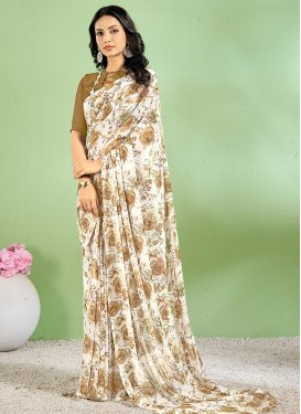 Brown and Off White Faux Chiffon Designer Contemporary Style Saree