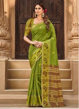 Brown and Olive Woven Work Designer Contemporary Style Saree
