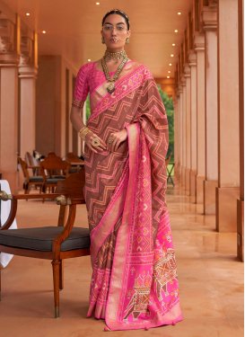 Brown and Pink Print Work Designer Contemporary Style Saree