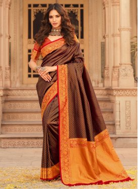 Brown and Red Kanjivaram Silk Traditional Designer Saree