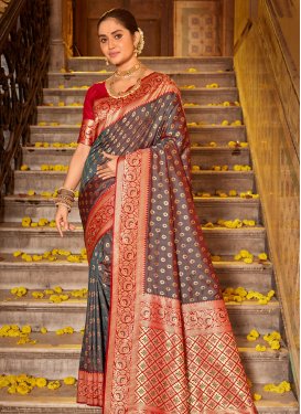 Brown and Red Woven Work Banarasi Silk Designer Traditional Saree