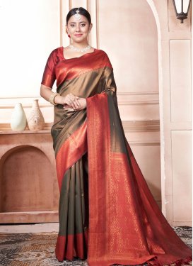 Brown and Red Woven Work Traditional Designer Saree