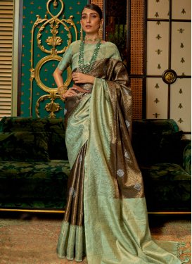 Brown and Sea Green Trendy Saree For Festival