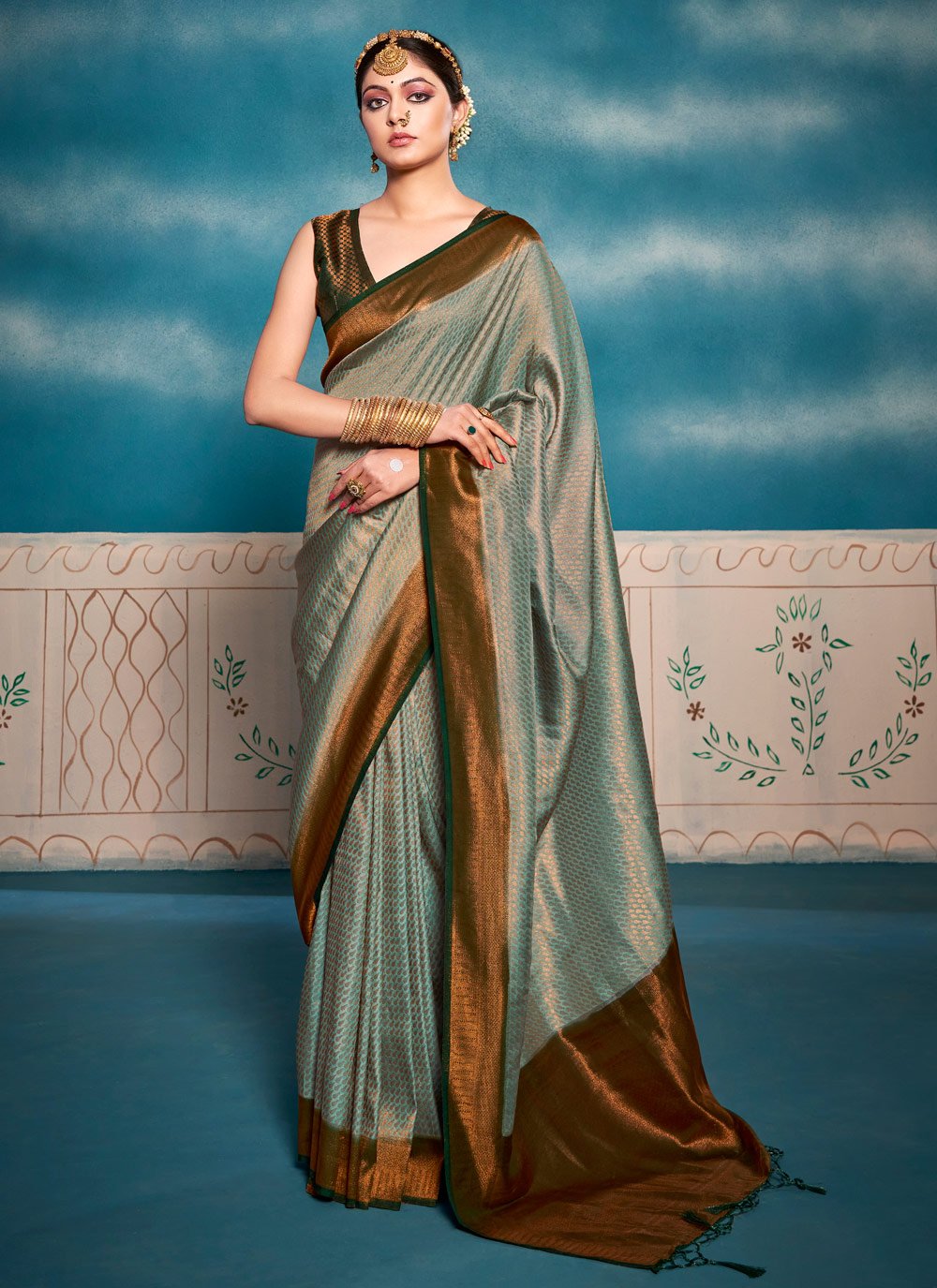 Brown and Turquoise Designer Contemporary Style Saree For Ceremonial