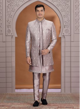 Brown Art Silk Embroidered Work Indo Western for Men