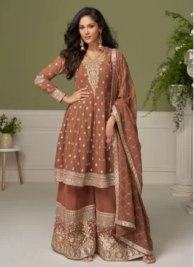 Brown Chinon Palazzo Suit with Embroidered Work for Festival