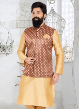 Brown Dupion Silk Nehru Jacket with Woven Work for Ceremonial
