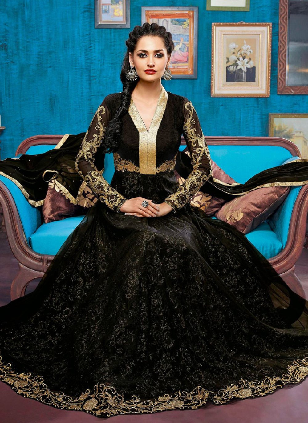 Captivating Black And Net Anarkali Salwar Kameez