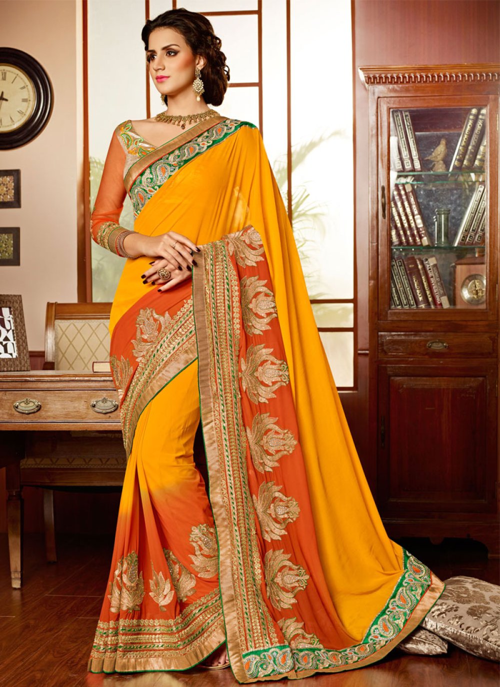 Buy Congenial Art Silk Beige And Orange Designer Half N Half Saree |  Wedding Sarees