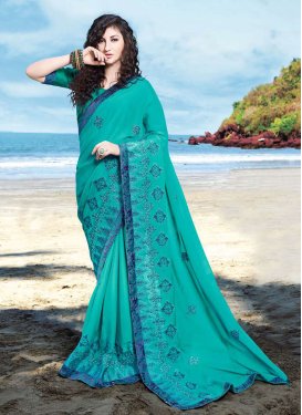 Casual Saree Print Georgette Satin in Turquoise