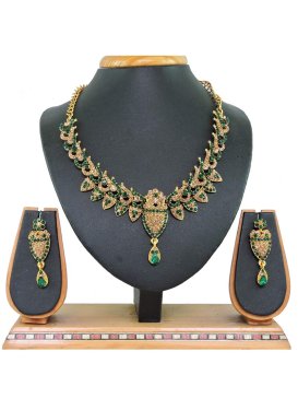 Catchy Gold and Green Beads Work Necklace Set For Festival