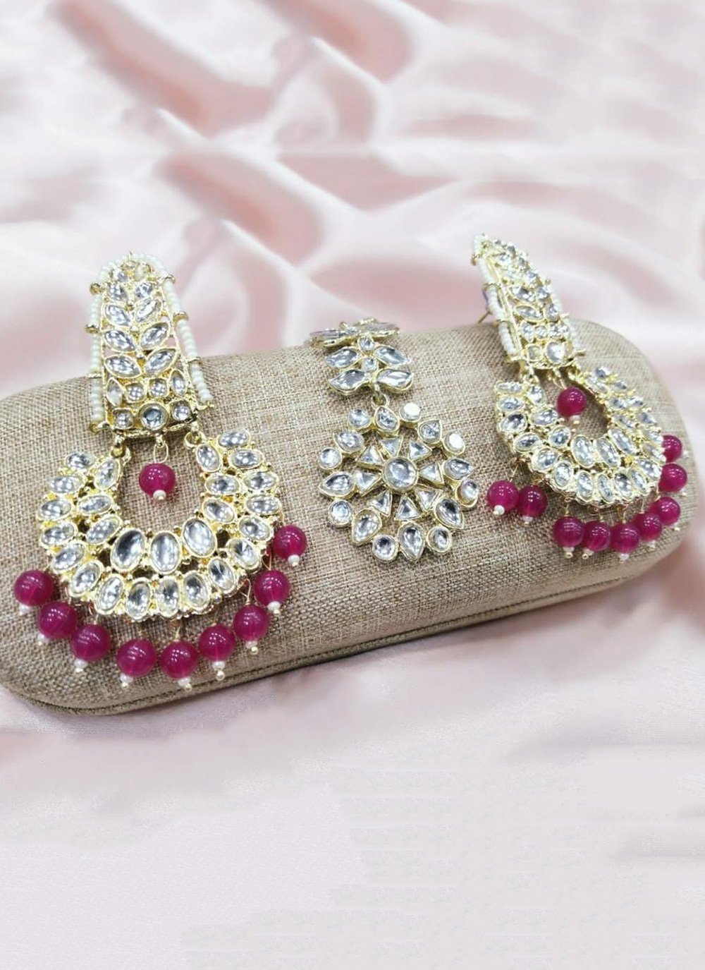 Catchy Gold Rodium Polish Beads Work Alloy Fuchsia and White Earrings Set For Party