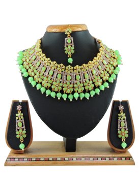 Catchy Gold Rodium Polish Beads Work Alloy Mint Green and White Necklace Set For Bridal