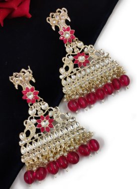 Catchy Gold Rodium Polish Beads Work Off White and Red Earrings for Festival