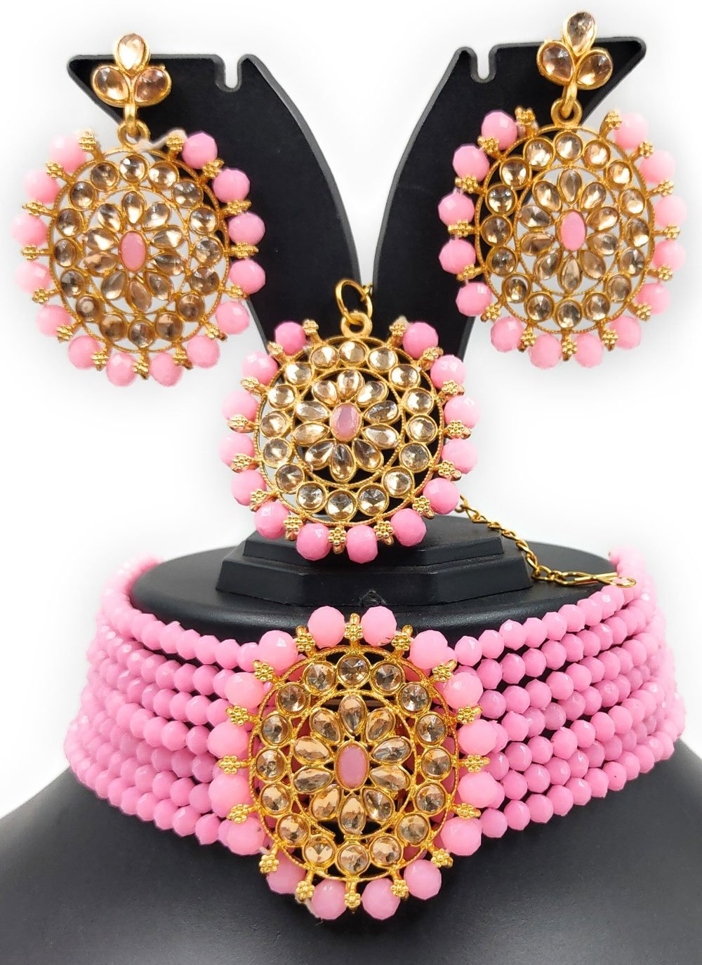 Catchy Gold Rodium Polish Gold and Pink Necklace Set For Reception