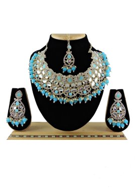 Catchy Light Blue and White Beads Work Alloy Silver Rodium Polish Necklace Set