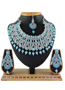 Catchy Silver Rodium Polish Beads Work Alloy Light Blue and White Necklace Set