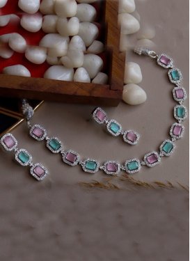 Catchy Silver Rodium Polish Hot Pink and Sea Green Diamond Work Jewellery Set