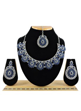 Catchy Stone Work Navy Blue and Silver Color Silver Rodium Polish Necklace Set