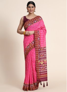 Chanderi Cotton Print Work Pink and Wine Traditional Designer Saree