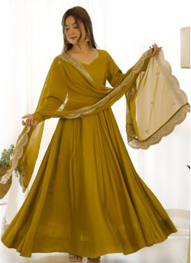 Chanderi Silk Anarkali Suit in Mustard with Embroidered Work for Women